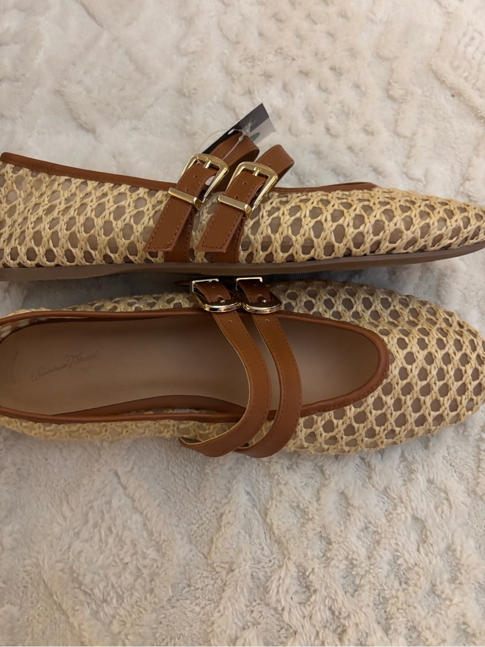 Universal Thread Beige Woven Mary Jane Flats with Brown Trim Size 10 - Picture 2 of 3